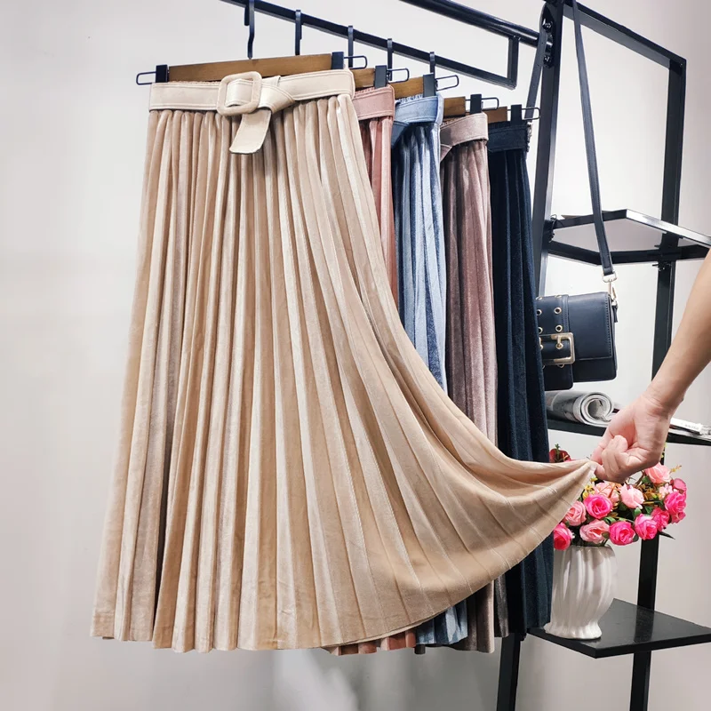 

Winter Velvet Belt Pleated Midi Skirts Metallic Color A-line Sashes Long Skirts Midi Calf Office Lady Empire Skirts for Women