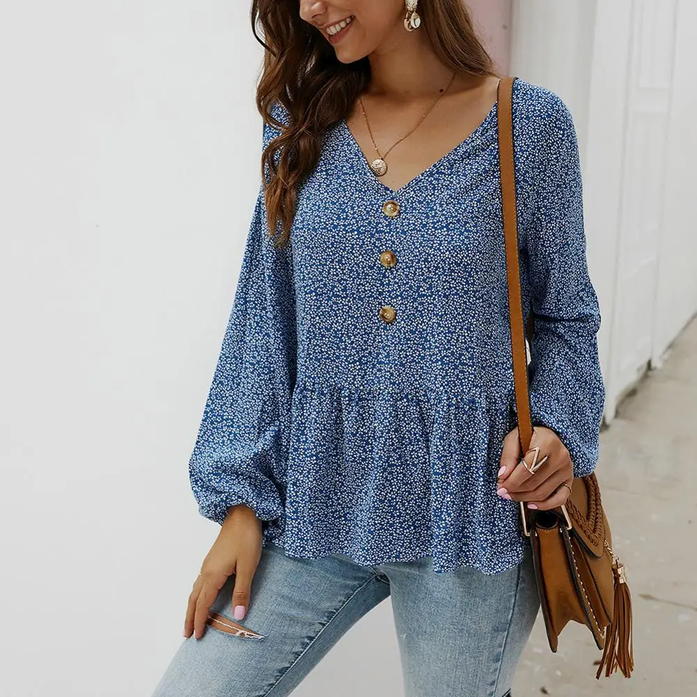 Женская рубашка с v-образным вырезом и принтом длинными рукавами свободная
