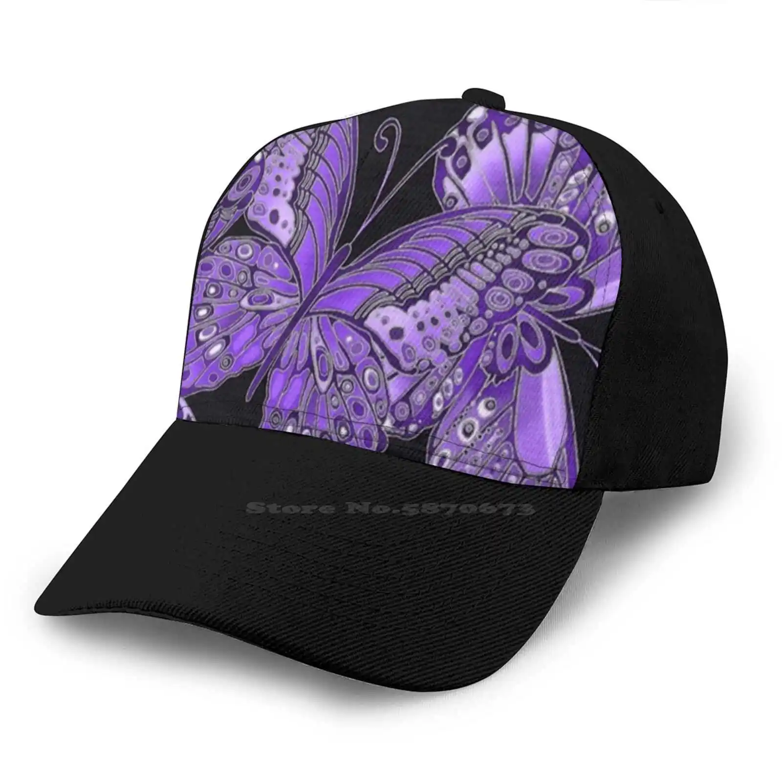 Модная шапка в стиле милитари с фиолетовыми и черными бабочками черная серая