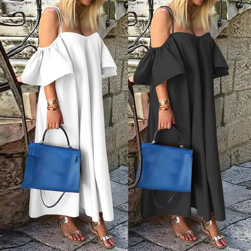 

Women Boho Solid Color Ruffled Short Sleeve Off Shoulder Strappy Long Dress Off Shoulder women dress