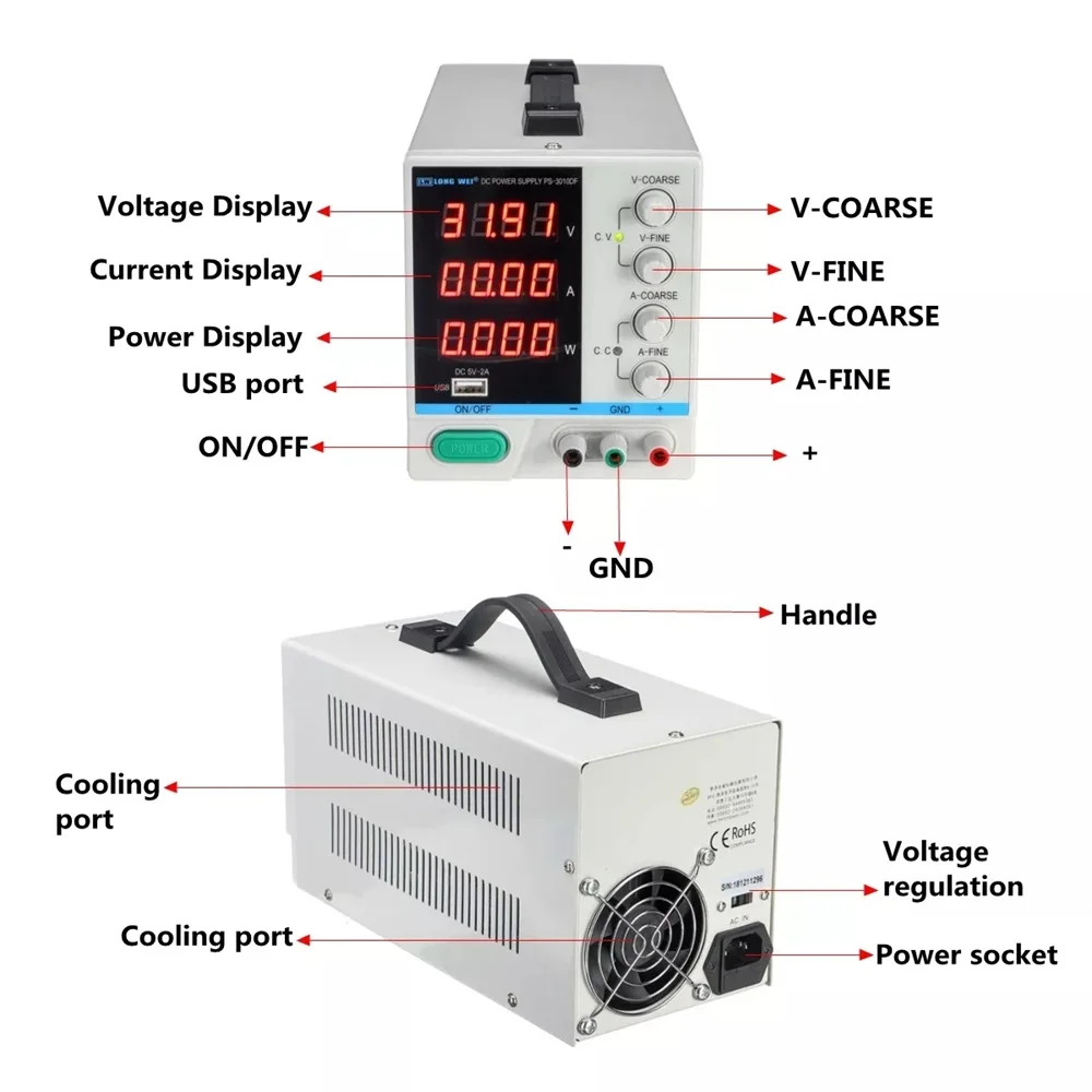 LONG WEI PS-3010DF Adjustable LED Digital Display DC Power Supply 110V/220V 30V 10A Switching Regulated 5V 2A USB | Обустройство дома
