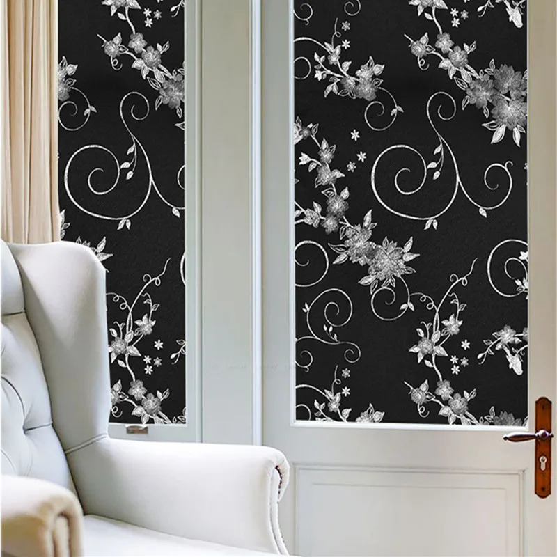 Самоклеящаяся бумага для окна с черным цветочным рисунком дома ванной комнаты