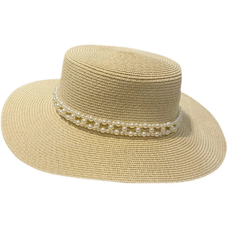 

Summer sun shading Big Brim Hat Women French retro pearl chain flat top hat casual fashion versatile straw hat