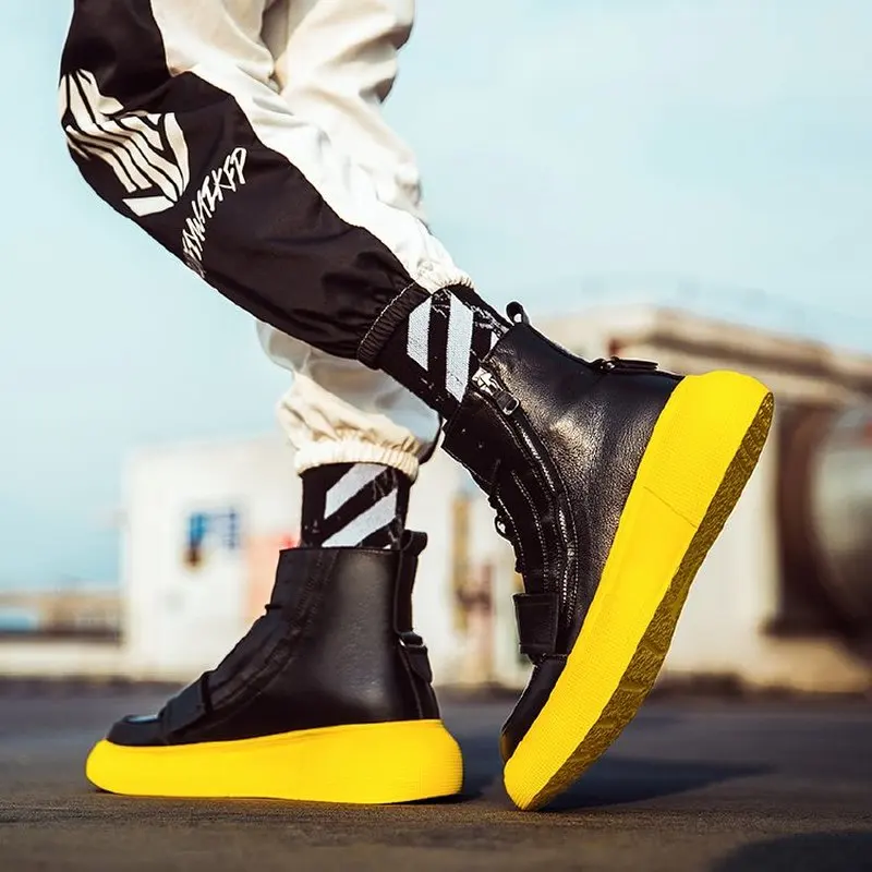 

Hip Hop White Chunky Sneakers Men Split Leather High Top Boots Casual Shoes Men Fashion Tenis Masculino Adulto Sneakers