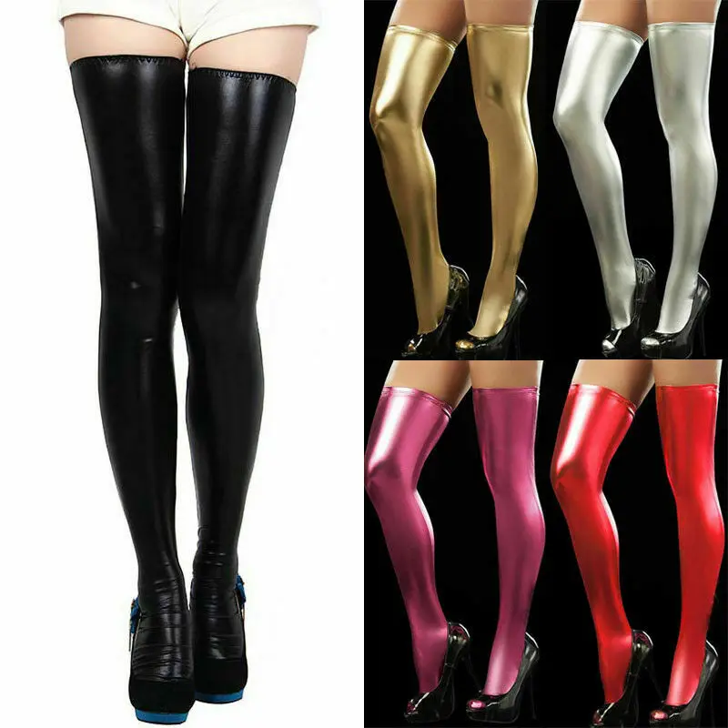 Женские кожаные чулки выше колена черные красные серебристые золотистые длинные