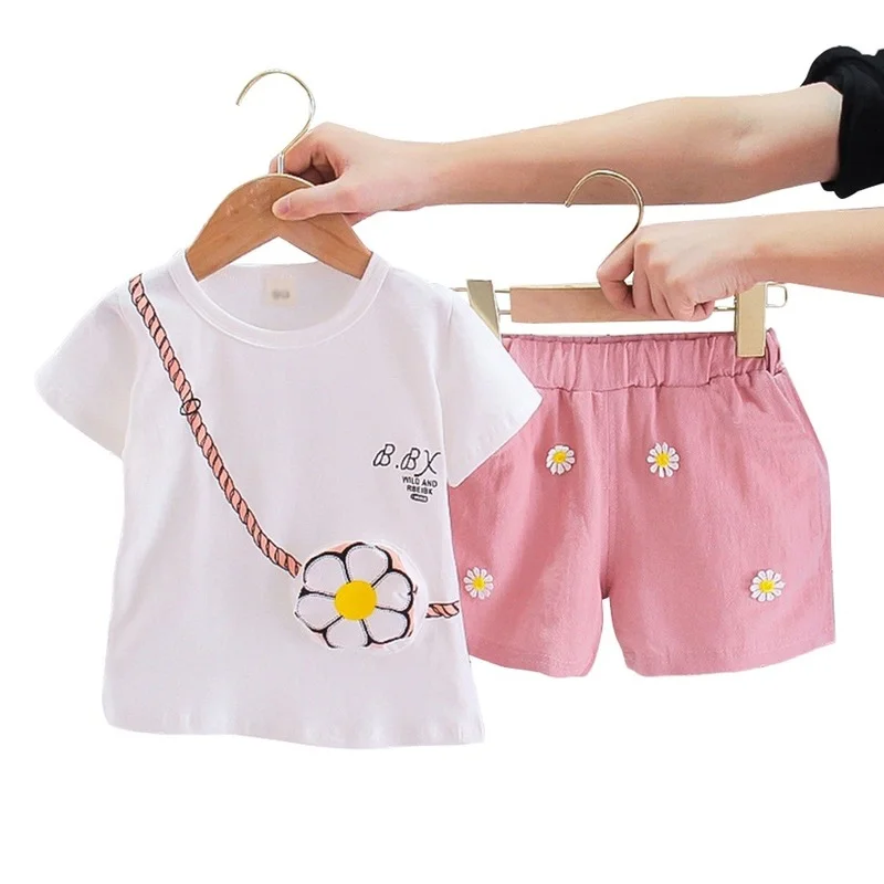 

Summer Girl's Outfits Kids Short Sleeve Round Neck T-shirt Shorts Set Babys 2pcs Basic Tops Pants Sets Breathable