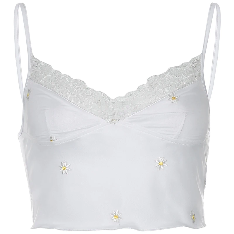

Summer Women Ladies Sleeveless Short Crop Top Chrysanthemum Printing Netting Sexy Camisole Lace Edge Vest Sports Bed Clothing