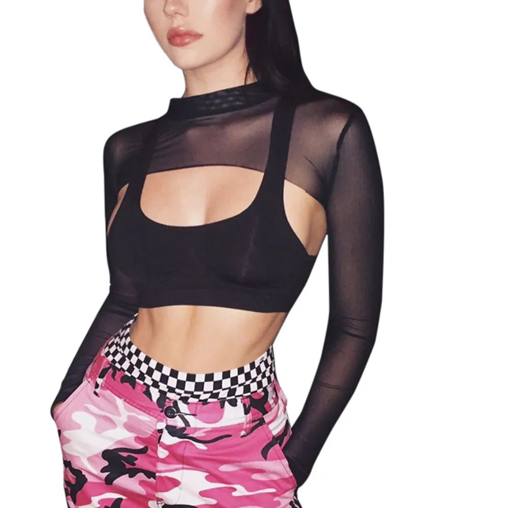 Сексуальный женский укороченный топ с сетчатыми рукавами футболка сексуальные