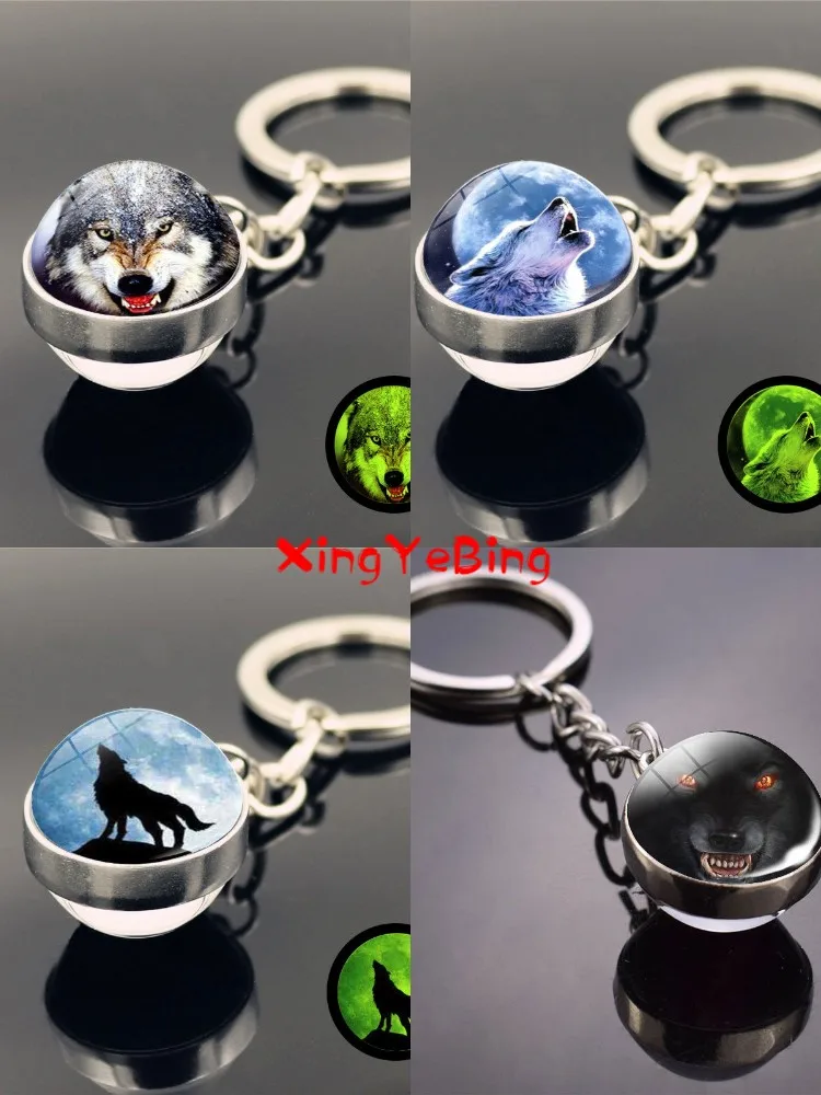 

Glow in the Dark Wolf Key Chain Howling Wolf and Moon Keyring Double Side Glass Ball Keychain Wolf Head Pendant