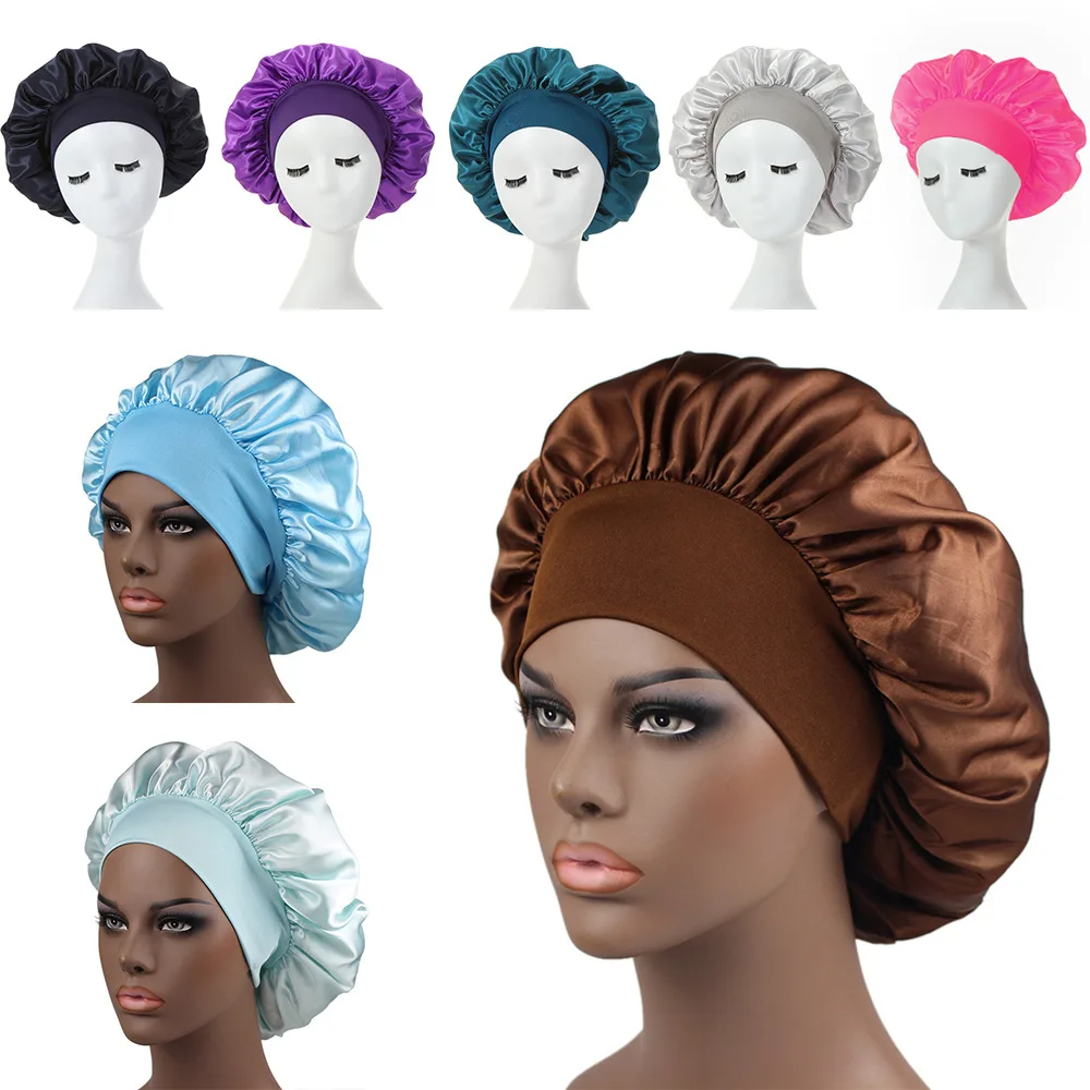 

New Solid Women Satin Bonnet Fashion Stain Silky Big Bonnet for Lady Sleep Cap Headwrap Hat Hair Wrap Accessories Headband Cap