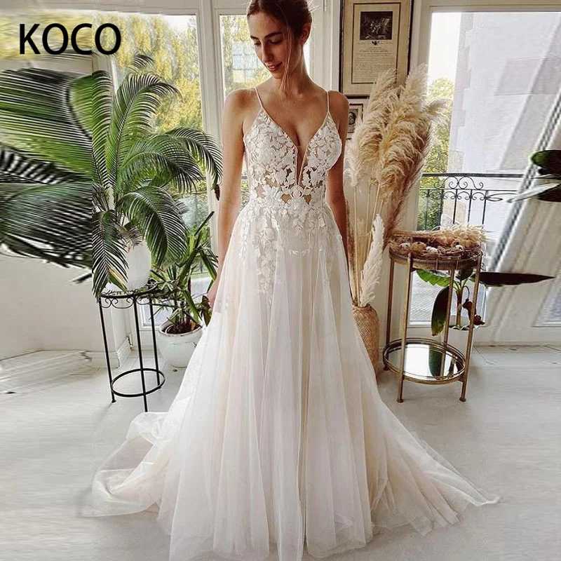 

MACDUGAL Wedding Dresses 2023 A Line V Neck Tulle Beach Civil Bride Gowns Simple Flower Applique Sexy Elegant Vestido De Novia