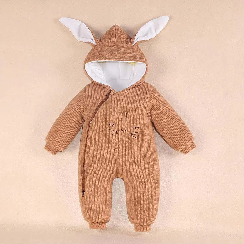 Coffee Rabbit Осенне-зимние комбинезоны для новорожденных, детские комбинезоны с капюшоном, одежда для мальчиков и девочек, костюм на молнии для младенцев, Вязаный комбинезон От 0 до 2 лет - Цвет: Coffee Rabbit