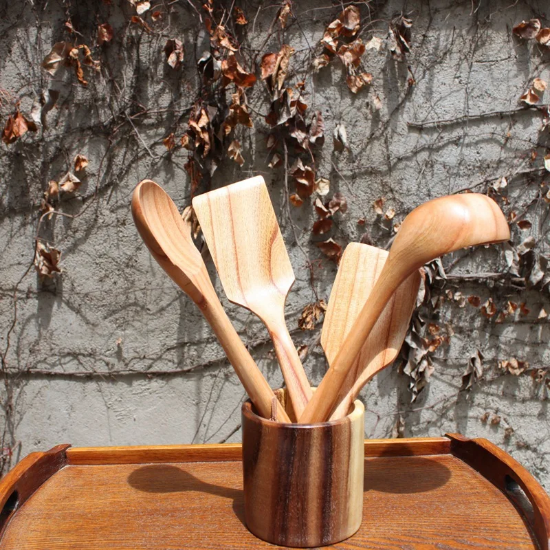 4 Piece Kitchenware Wooden Shovel Spoon Cooking High Temperature Rice Long Handle Spatula | Дом и сад