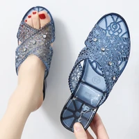 wedge platform rhinestone fashion crystal jelly chunky heel plastic slippers womens summer outer wear high heel mid heel