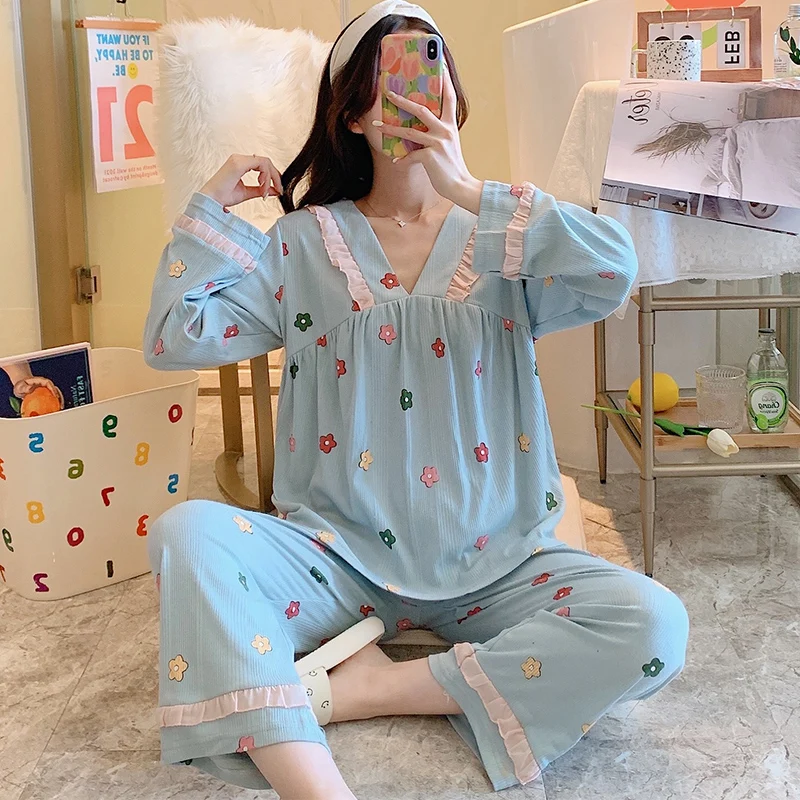 

Harajpee Women Pajamas 2021 Spring Autumn Korea Sweet Temperament Ladies Cotton Printings Long-Sleeved Princess Style Home Wear