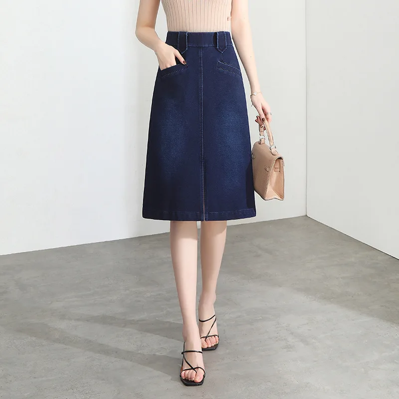 

Women Fashion High Waist A-line Denim Skirt Office Lady Elegant Retro Slim Casual Korean Knee-length Jean Skirts 2116