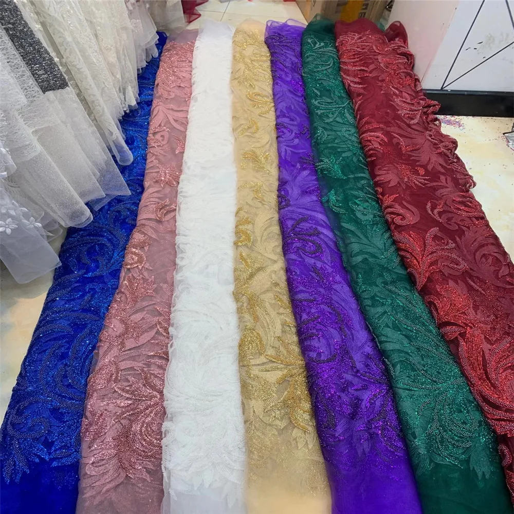 

Madison New French Tulle Mesh Lace Fabric Best Quality Beaded Lace Fabrics Luxury African Handmade Beads Lace Fabric for Wedding