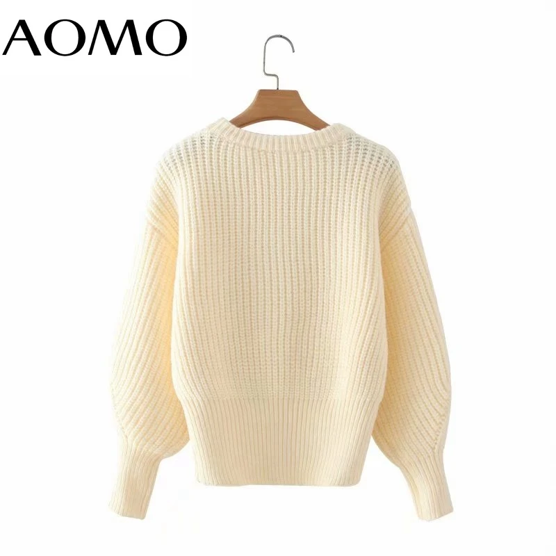 

AOMO Women Elegant Oversized Beige Knitted Sweater Jumper Female Pullovers Chic Tops 2X01A