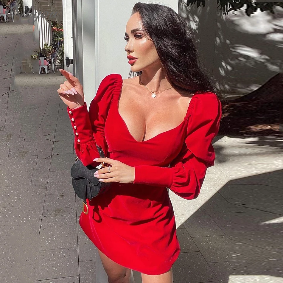 

Ailigou 2021 New Summer Women'S Retro Solid V-Neck Powder Puff Sleeves Elegant Red Velvet Ladies A-Line Mini Sexy Party Dress