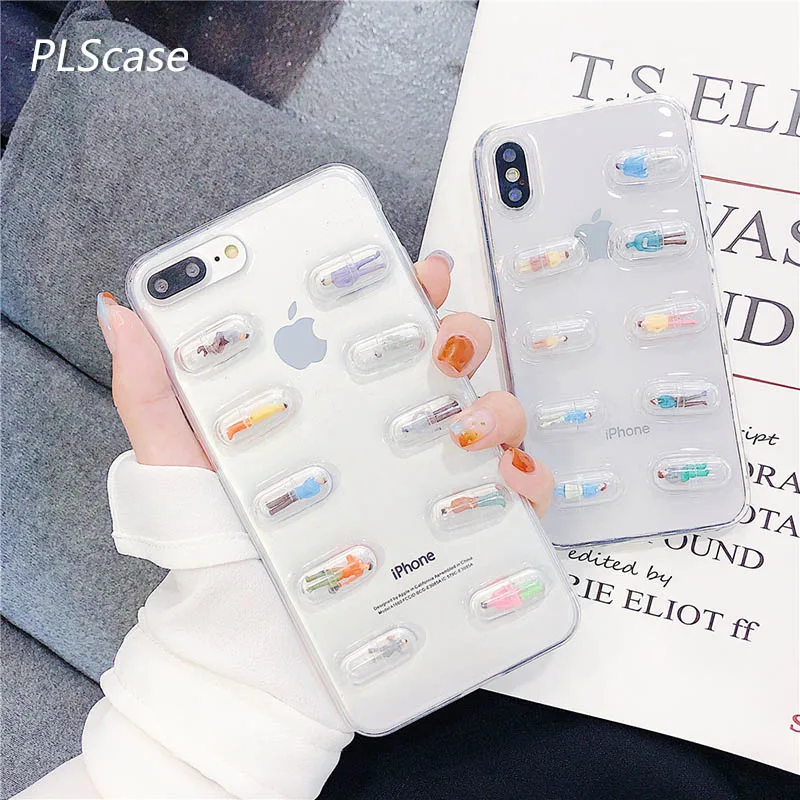 3D Милые таблетки капсулы мультфильм Прозрачный чехол для iPhone 11 Pro MAX XR XS 8 7 6s 6 Plus