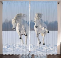 sky white animal curtains purebred horses in wildlife snowy forest freedom theme winter nature landscape bedroom window curtain