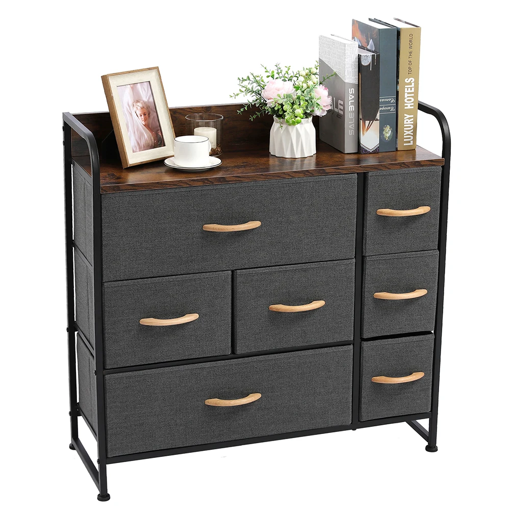 

3-Tier Dresser Organizer with 7 Fabric Storage Drawers for Bedroom Hallway Entryway Closets Sturdy Steel Frame Wood Top&Handles