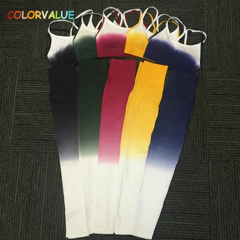 Colorvalue 2 шт./компл. Omber Бесшовные Йога спортивные наборы для ухода за кожей Для женщин Базовая Фитнес спортивные костюмы резинки для волос леггинсы+ основное Крепление-y-типа бюстгальтеры