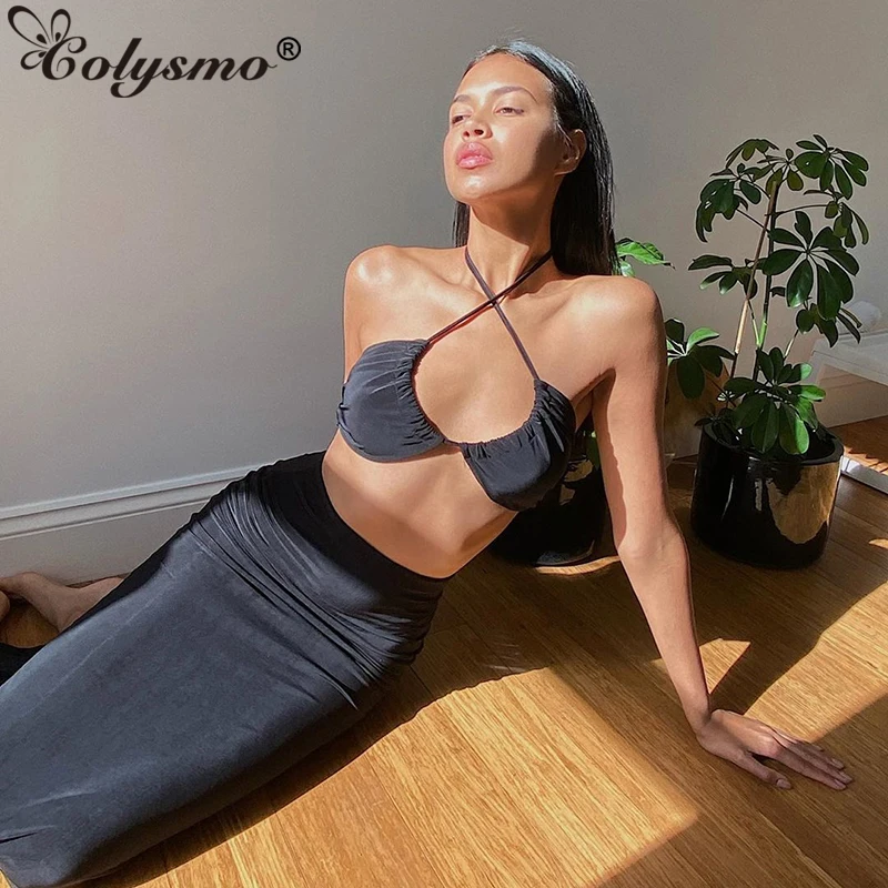 

Женский костюм-двойка с юбкой Colysmo, черная длинная юбка-карандаш с высокой талией, наряд для вечеринки, лето укороченный топ на бретельках бе...