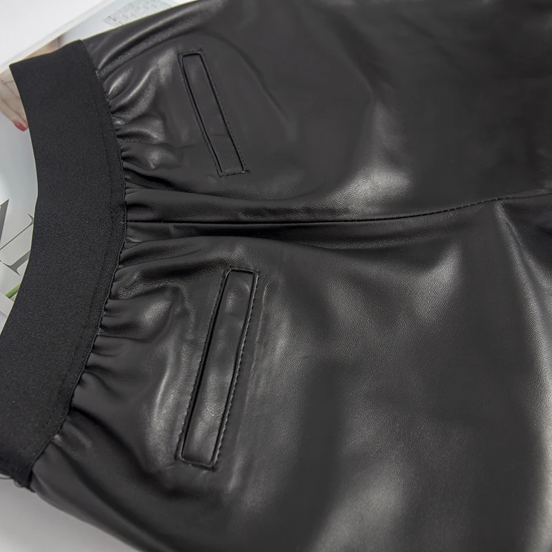 Elastic waist casual shorts women Biker plus size black real leather high female 2019 fashion quality | Женская одежда