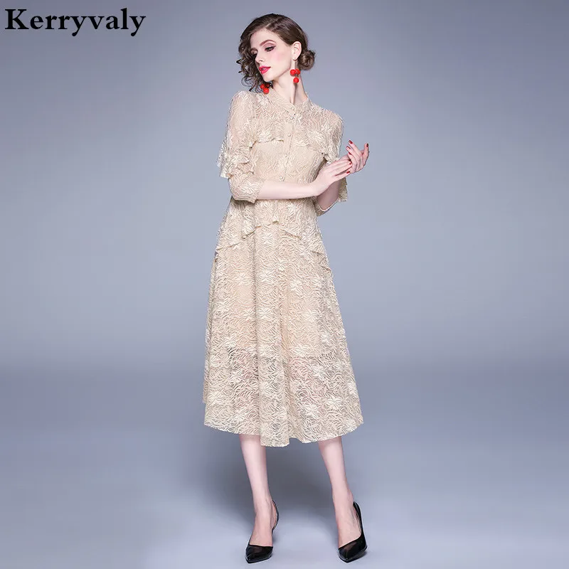 

Elegant Autumn Flocking Midi Lace Dress Vestidos Verano 2022 Mujer Women Cute Party Dress Strand Jurkjes Zomer Jurk K6269