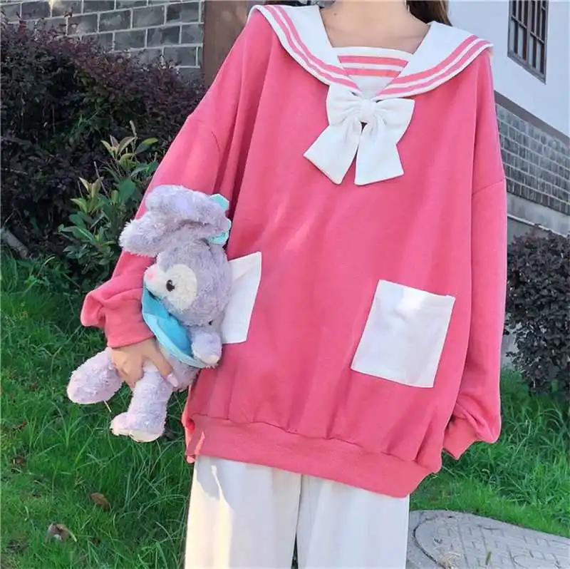 

Japanese Sweet Pink White JK Student Women Sweatshirt Autumn Kawaii Rabbit Ears Pocket Sailor Collar Full Sleeve Lady Shirt