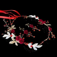gold rhinestone leaf red rose flower headband hairband women girl headpiece tiaras wedding bridal hair accessory 2021 new