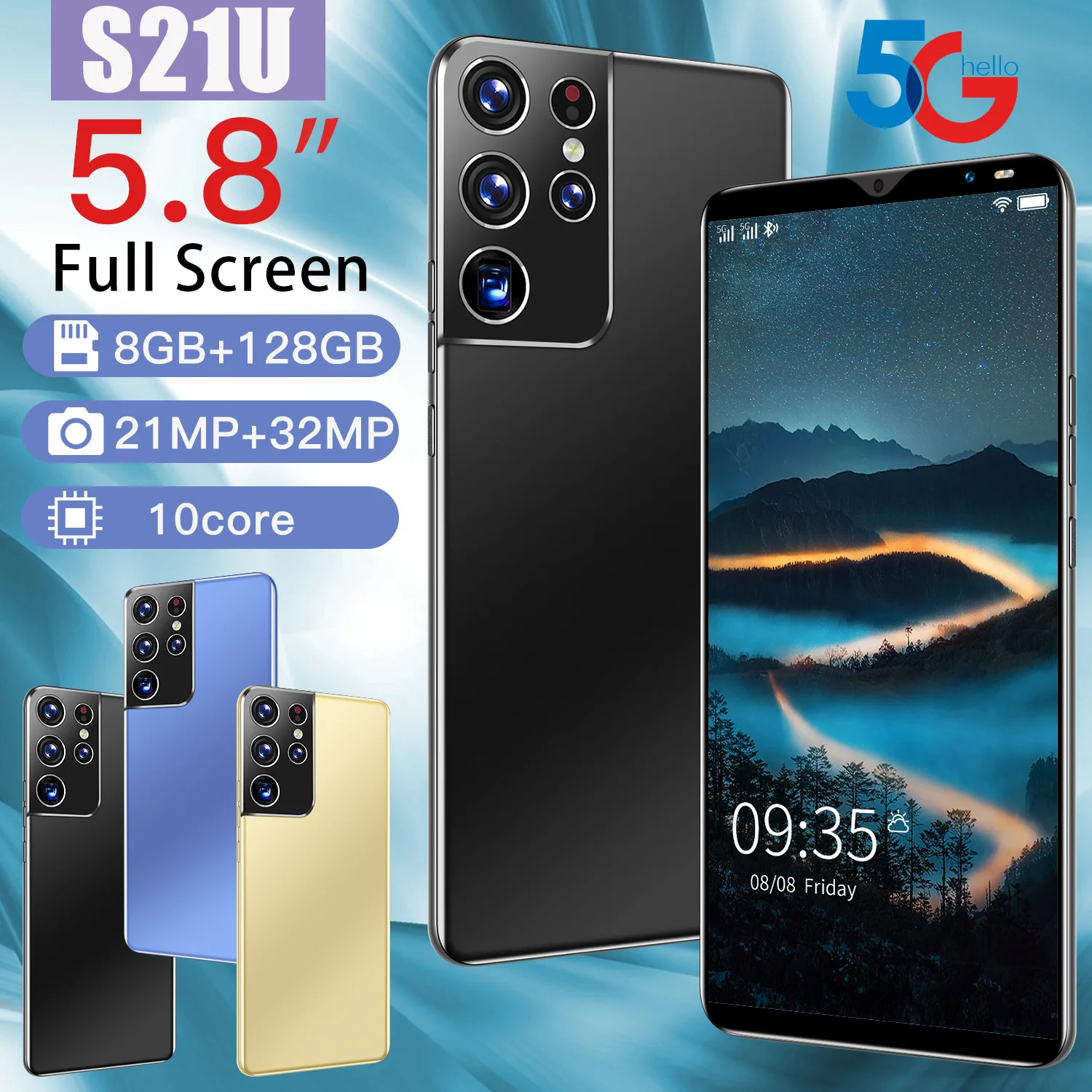 

New Version S21U Smartphone 4500mAh 5.8 Inch 5G Unlock Global Version 21MP+32MP 8GB+128GB Dual SIM+T flash card Mobile Phones