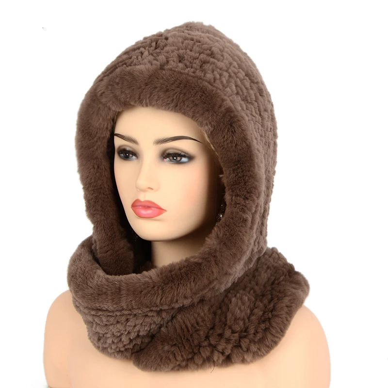 Brown Женская шапка, новинка, вязаный Настоящий мех кролика, шапка с капюшоном, шарф, зимние шапки для женщин, шапка, теплая, натуральный мех, шапка с шеей, шарфы - Цвет: Brown