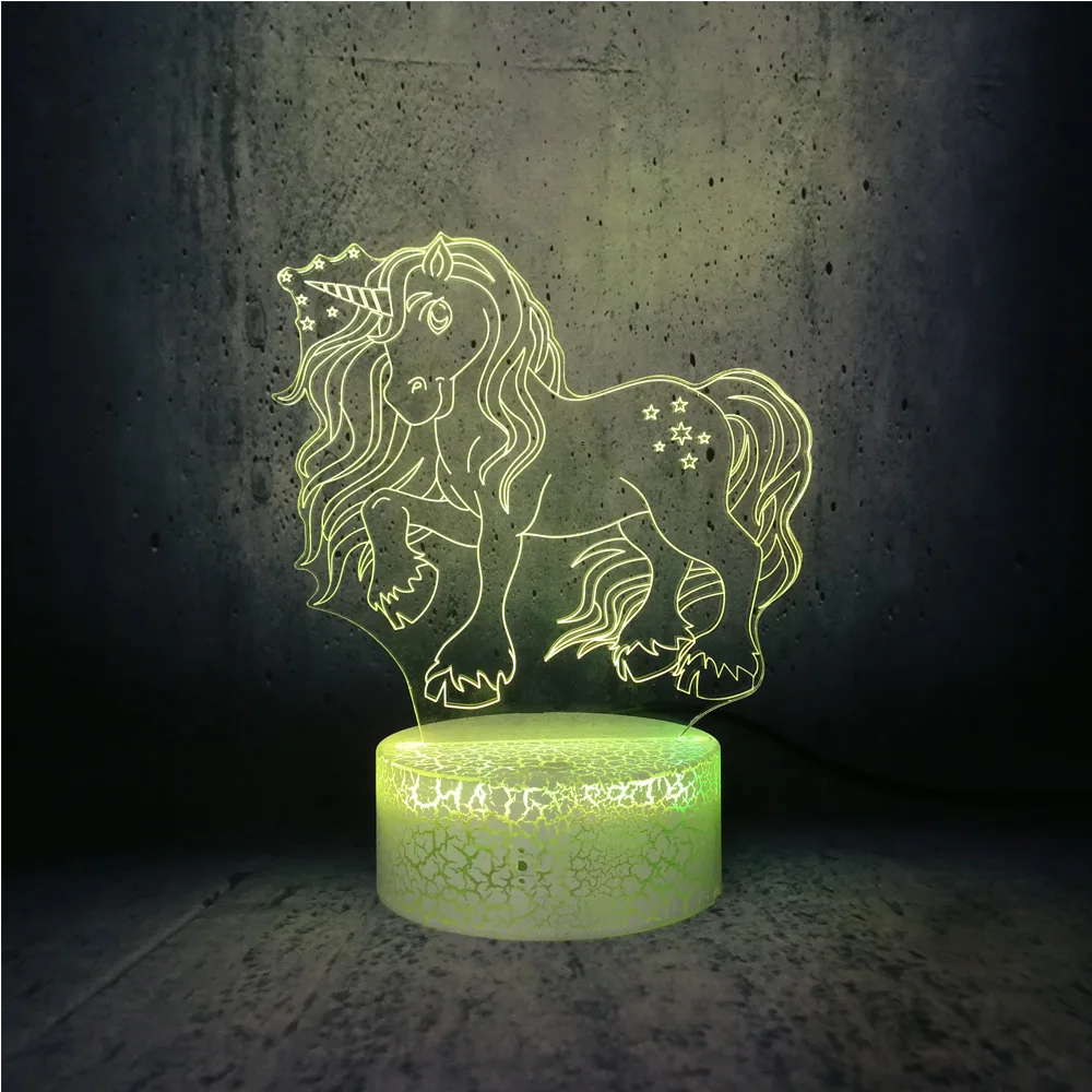 3D светодиодный светильник ночник длинные волосы единорог лошадь RGB лампа