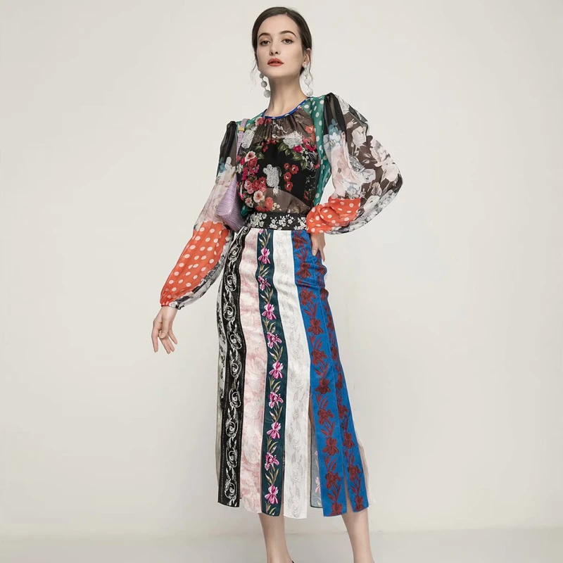 Designer New Women'S Suits Dot Flower Print Chiffon Shirt And Fringe Irregular Color Matching Skirt Vintage Elegant 2 Piece Set