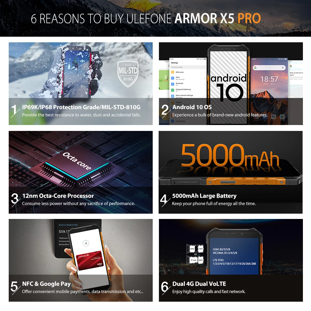 Ulefone Power X5 Pro NFC IP68 противоударный мобильные телефоны Android 10 0 4 Гб + 64 ГБ мобильный