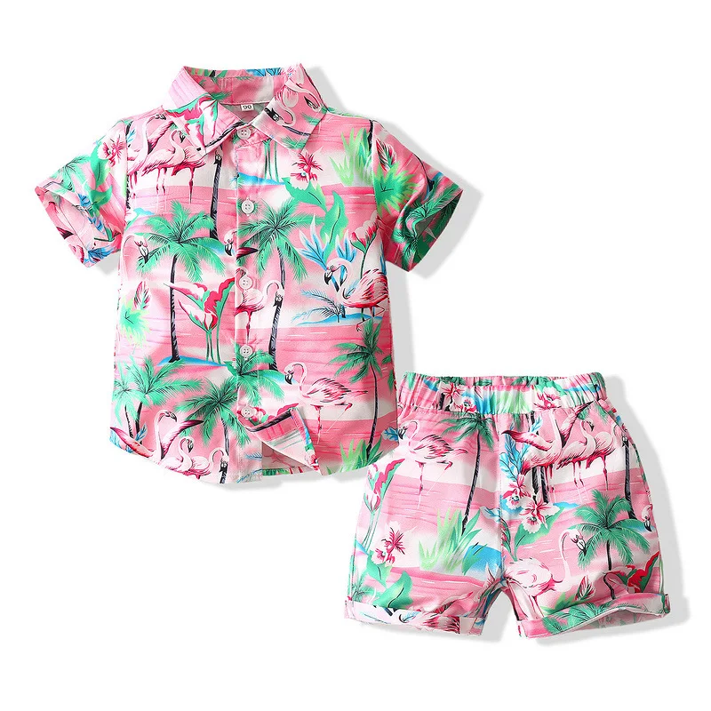 

Children's Wear 2021 Summer New Boys Beach Wind Short Sleeve Pink Shirt Sweatpants Set Children Clothes Daughter Matching
