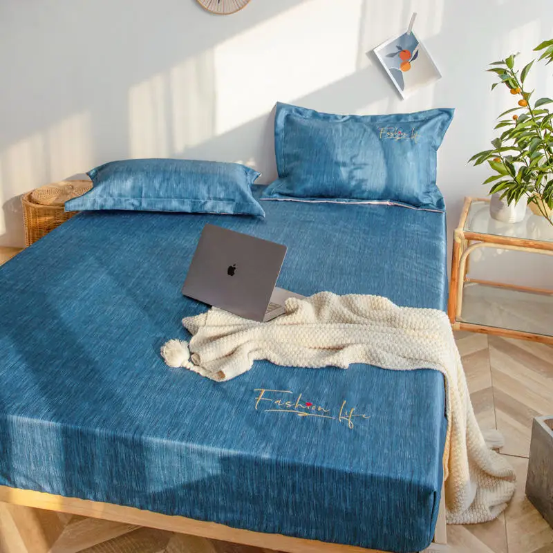 

Anti Mite Solid Color Fitted Sheets for Bed 3-piece Embroidered Bedclothes Mattress Cover Nordic Summer Mat Pad Protection