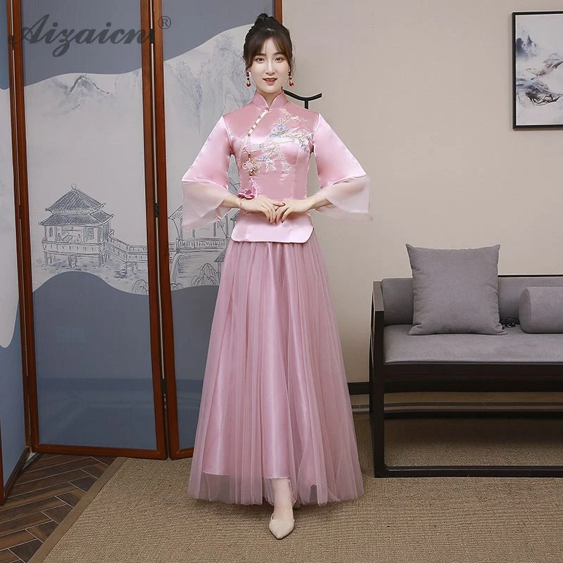 Модная розовая Пряжа юбка длинный Cheongsam Современная Подружка невесты винтажное платье Qi Pao женское традиционное китайское платье Qipao акция