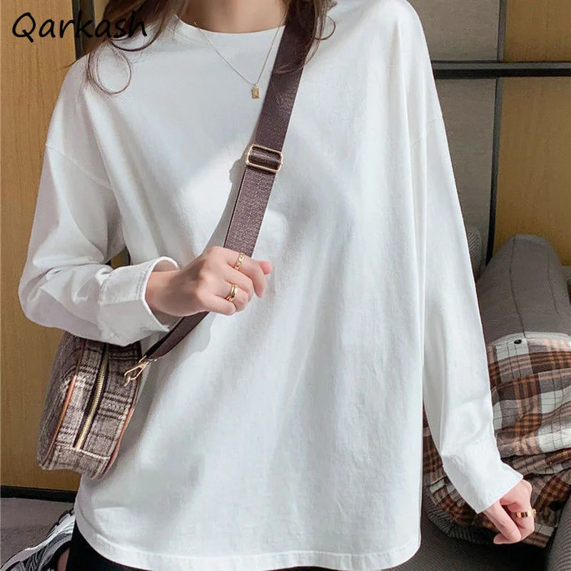 

Футболка женская с длинным рукавом, однотонная Базовая Повседневная нежная универсальная Свободная рубашка с круглым вырезом, в стиле бойф...