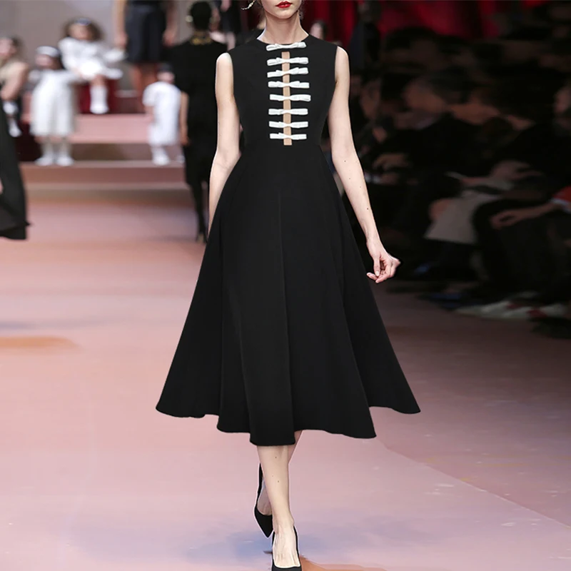 

2021 Summer Fashion Designer Dresses Women Black Sleeveless Bow Slim High Quality Runway New Dress