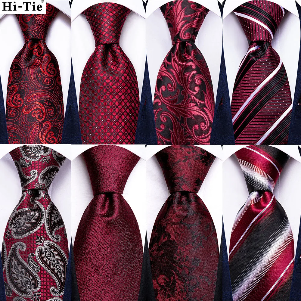 

Hi-Tie Red Burgundy Solid Paisley Striped Silk Wedding Tie For Men Business Party Dropshipping Mens Necktie Hanky Cufflinks Set