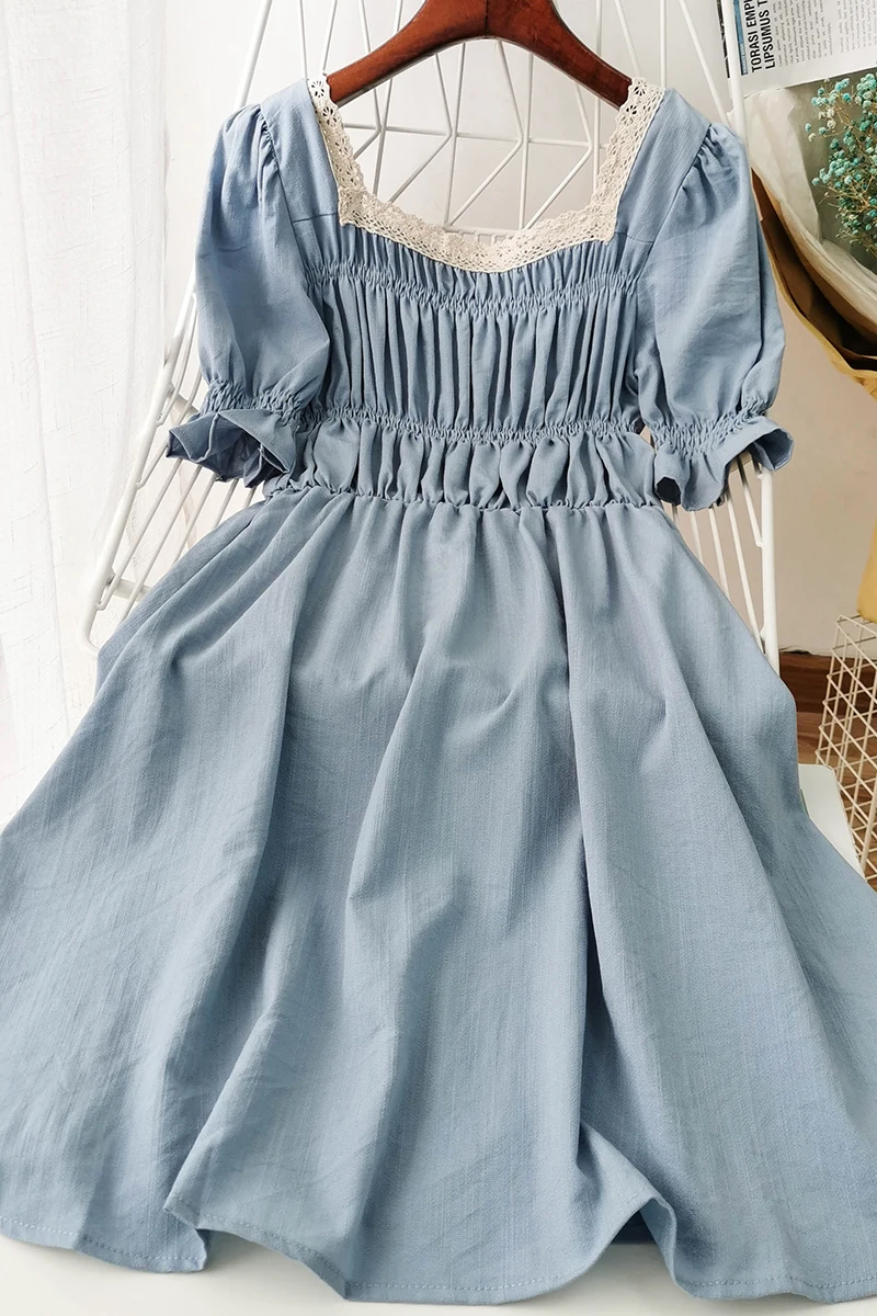 

Uulutonica Summer Women Elegant Fashion A-line Solid Short Lace Knee-length Puff Sleeve Empire Square Collar Dress