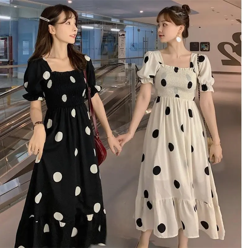 

Women's Summer Sundresses Sweet Bow Dot Print Summer Dress Plus Size Women Clothing Puff Sleeve Square Collar Short Sleeve Dress