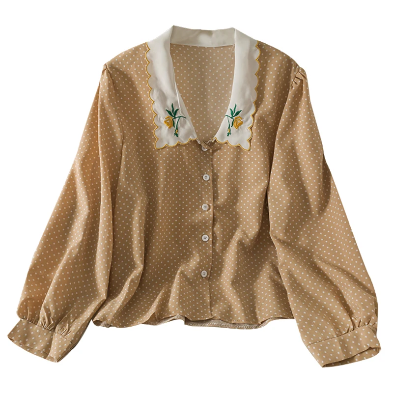 

Autumn color matching embroidered turn-down collar long-sleeved retro wave dot loose single-breasted shirt for women