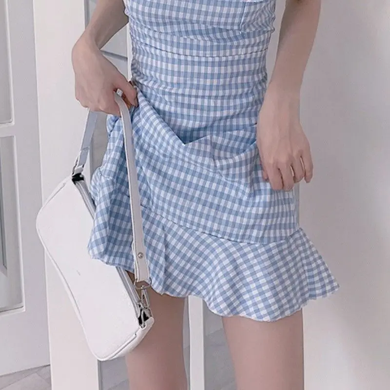 

Plaid shoulder dress women's new fashion style in 2021