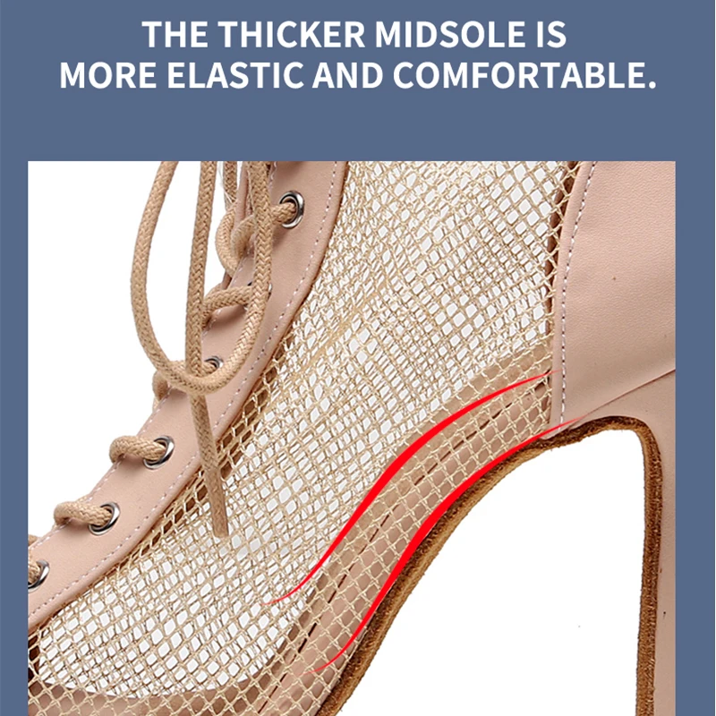 Женские сетчатые ботинки для бальных танцев черные телесные с мягкой подошвой