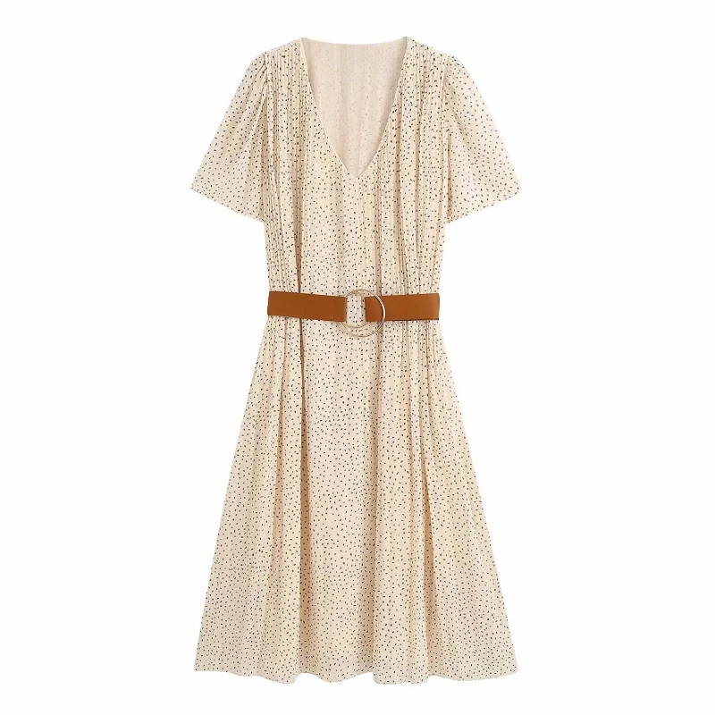 

Женское шифоновое платье с коротким рукавом, повседневное плиссированное платье с v-образным вырезом и принтом, с поясом, модель DS3849, 2020