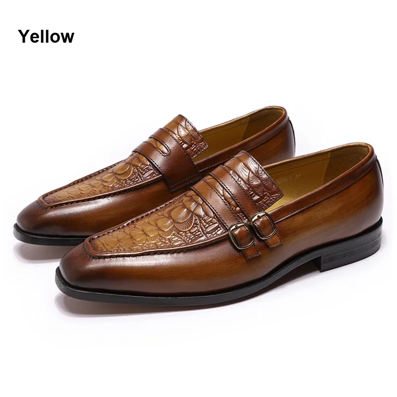 Yellow FELIX CHU/Повседневные Мужские модельные туфли в деловом стиле; мужские коричневые вечерние туфли из натуральной кожи с крокодиловым принтом; мужские лоферы с двойной пряжкой - Цвет: Yellow